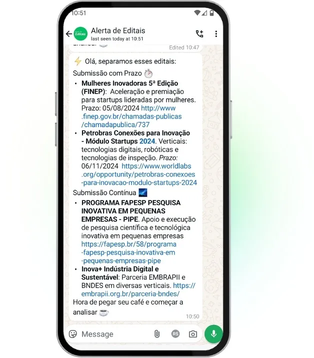 Exemplo do Alerta de Editais no celular, receba direto no seu WhatsApp!